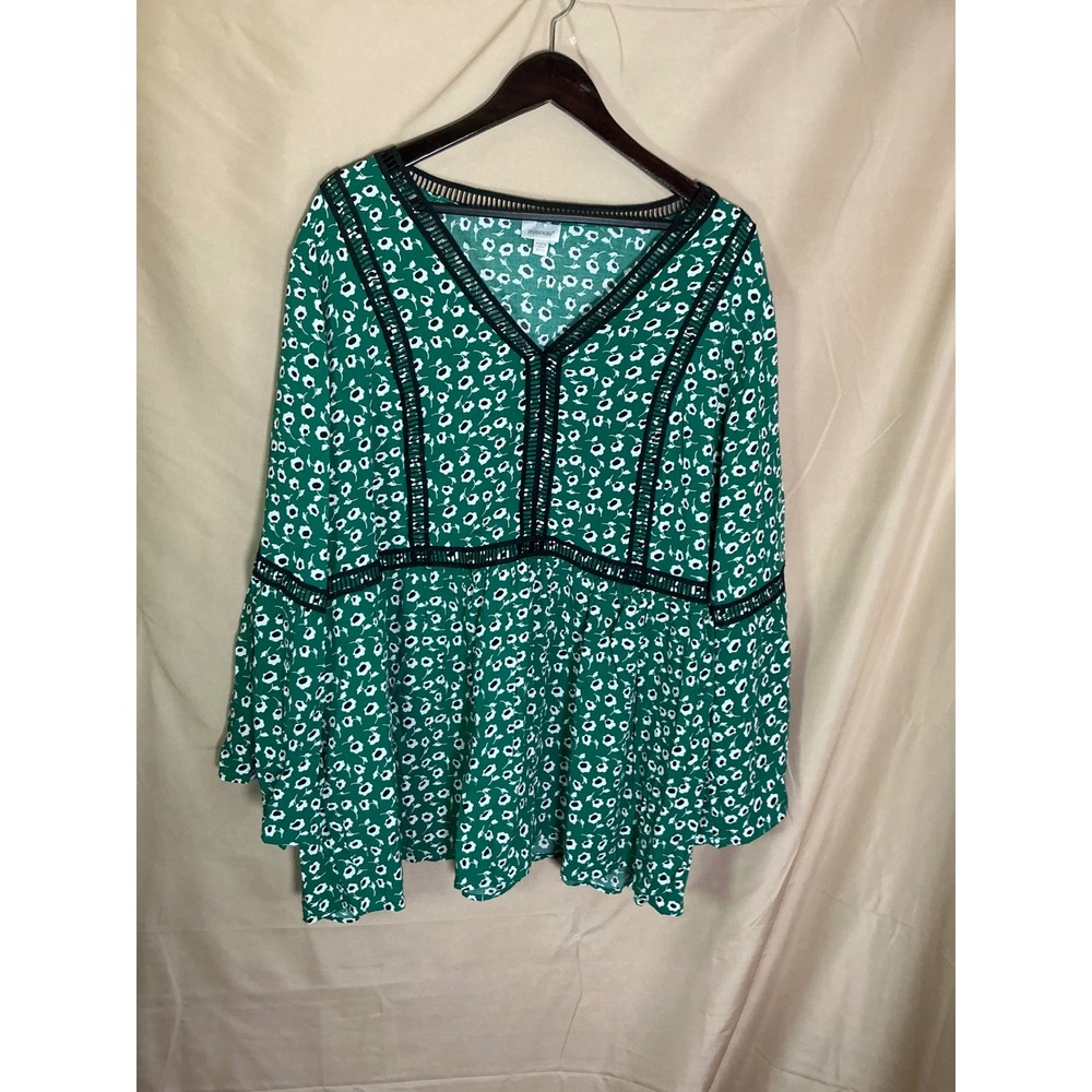 Avenue Floral Blouse Womens 22/24 Green Excellent Crochet Trim Bell Sleeve Boho - Picture 6 of 12